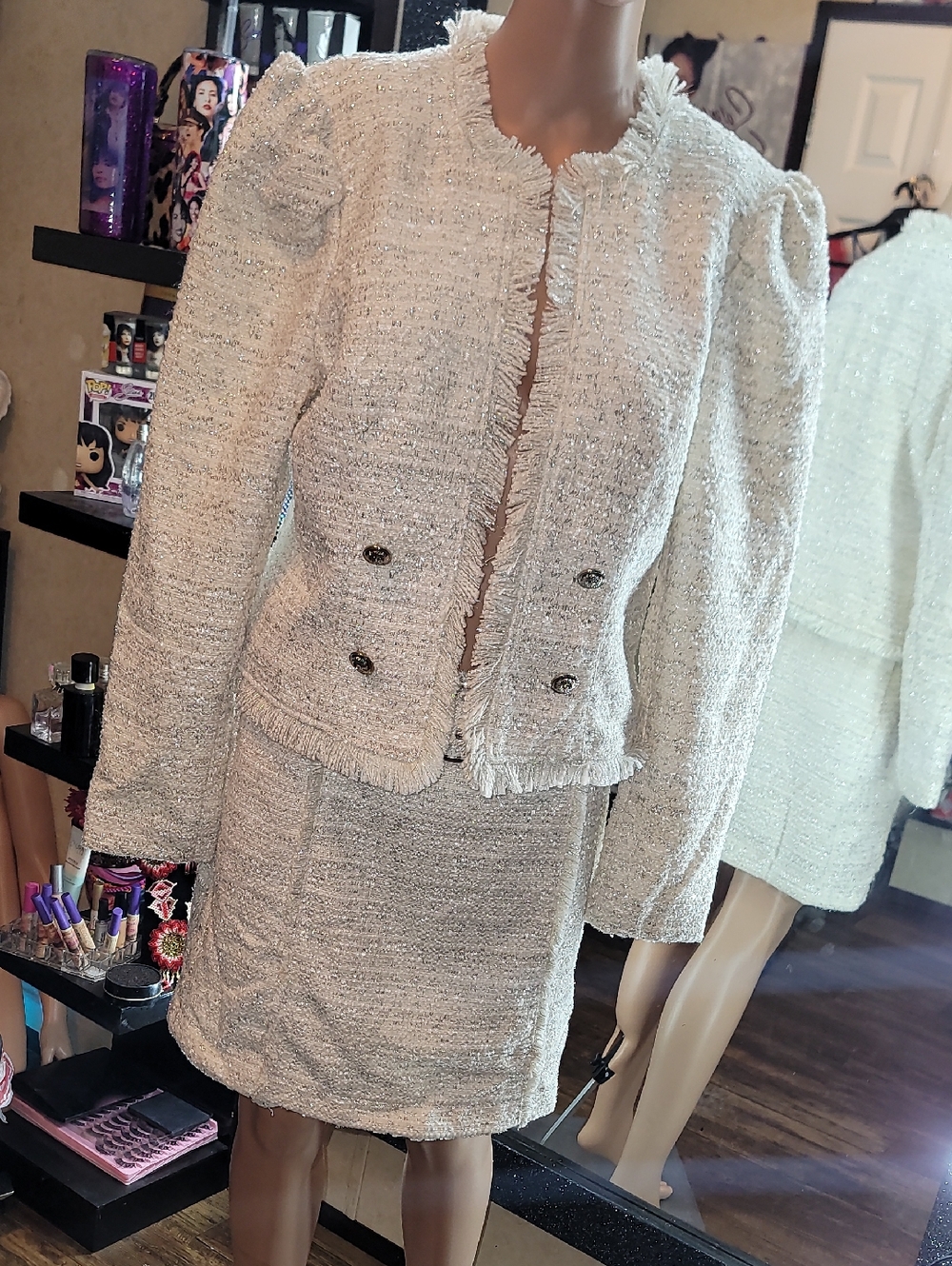 Vince Cream Metallic Thread Tweed Skirt Set